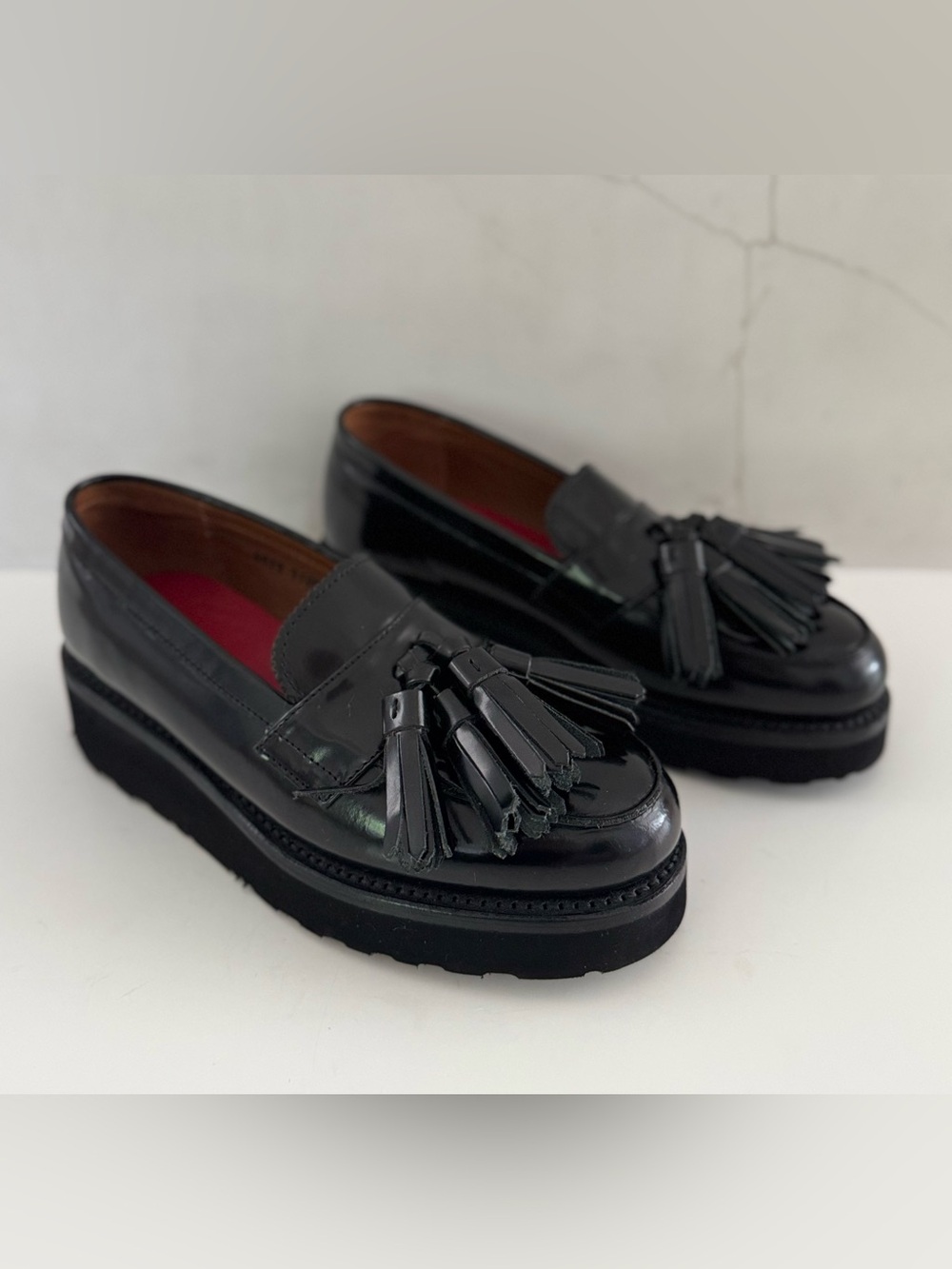 Grenson Women's Clara Platform Black Gloss Loafers Tassel Shoes UK3/ US 5-5.5
